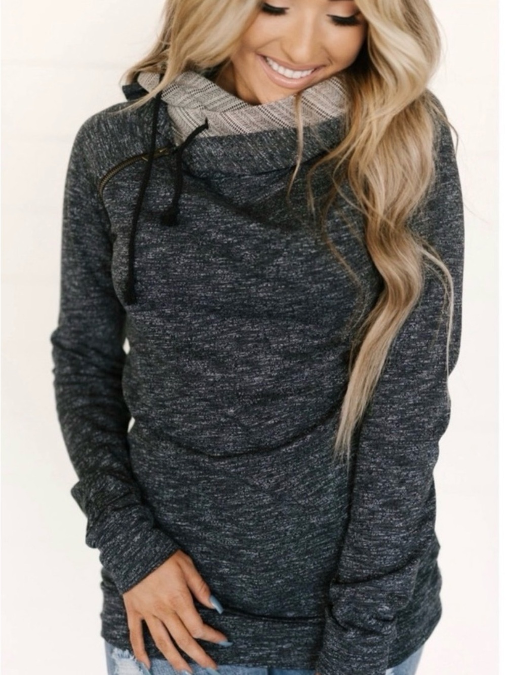 Ampersand Ave Small Black Tribal Marled Doublehood Pullover Sweatshirt P2P 20”